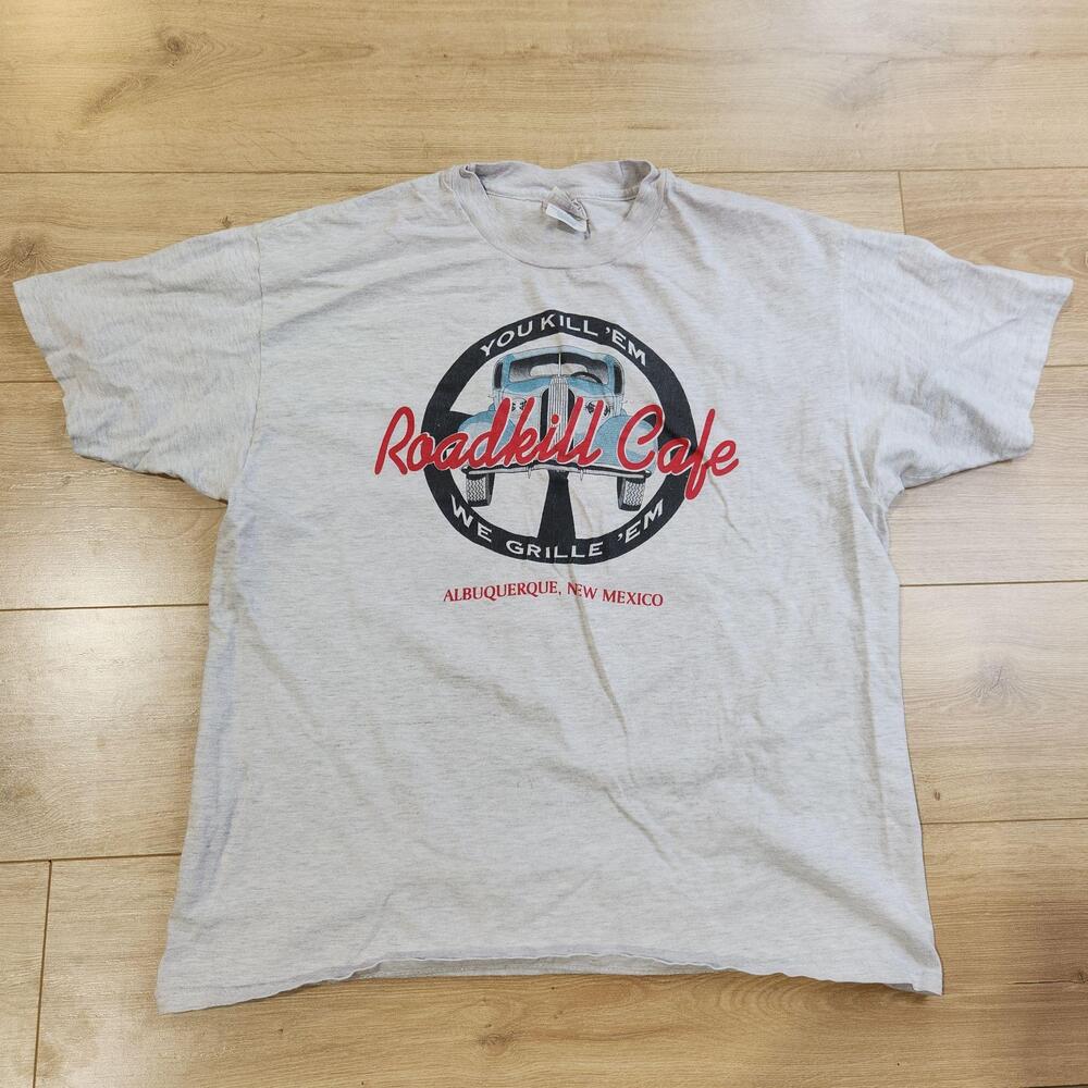 Vintage Roadkill Cafe Shirt Mens XL Gray Menu Albuquerque Graphic Humor Tee 90s